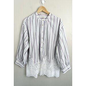 Pilcro Anthropologie Women’s Long Sleeve Button Up Striped Top Lace Sz Lg (flaw)